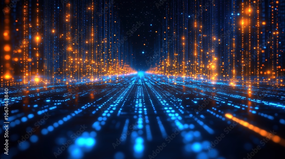Poster futuristic tunnel filled with bright blue and orange lights. the lights are arranged in a way that c
