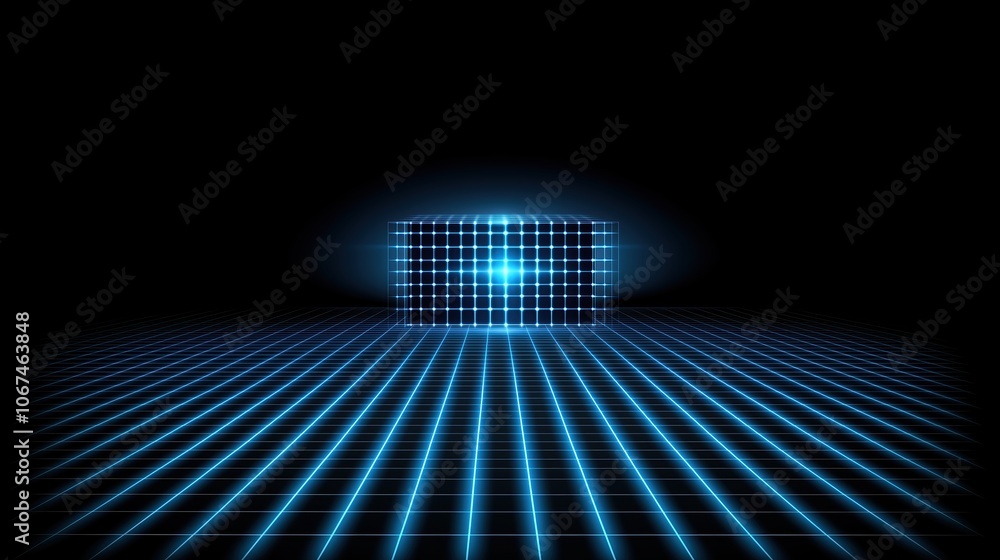 Poster blue and white background with a small square in the middle. the square is lit up and surrounded by 