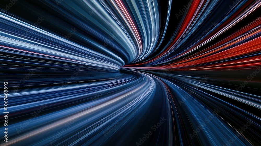 Poster blurry image of a tunnel with red, blue, and white lines. the image has a sense of motion and energy