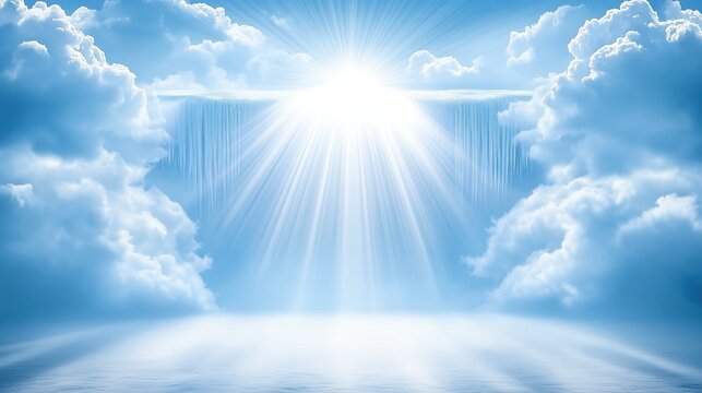 Blue sky with a waterfall and a bright sun. The sky is filled with clouds and the sun is shining brightly. The waterfall is frozen in ice and the sun is shining on it