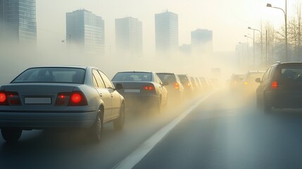 Busy city street with cars driving in the rain. The cars are all foggy and the street is wet