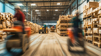 Busy agricultural warehouse with workers and machinery operating during a bustling day