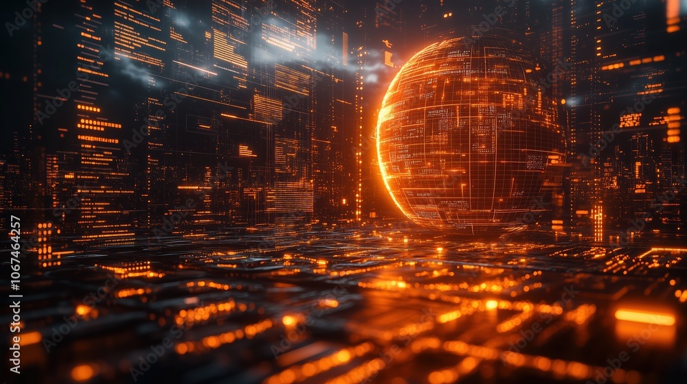 Poster cityscape with a glowing orange sphere in the center. the sphere is surrounded by a network of glowi