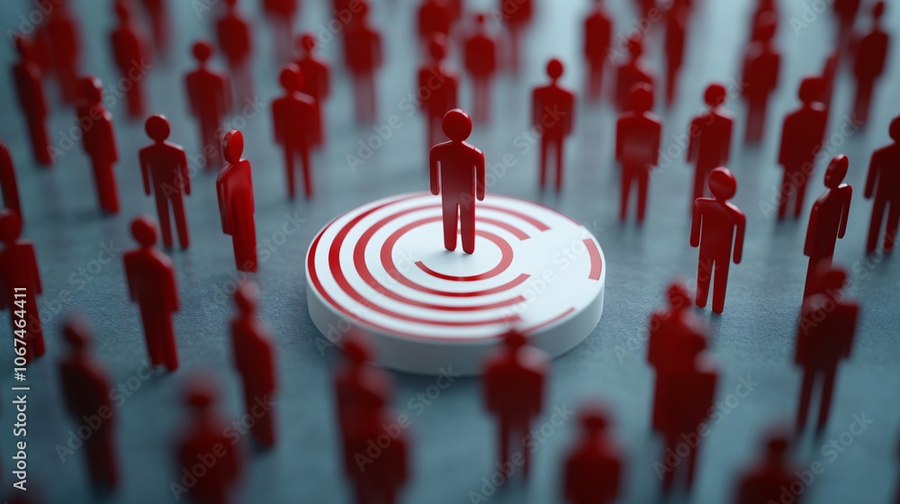 Poster red human figure standing at center of target with other figures around: business targeting concept