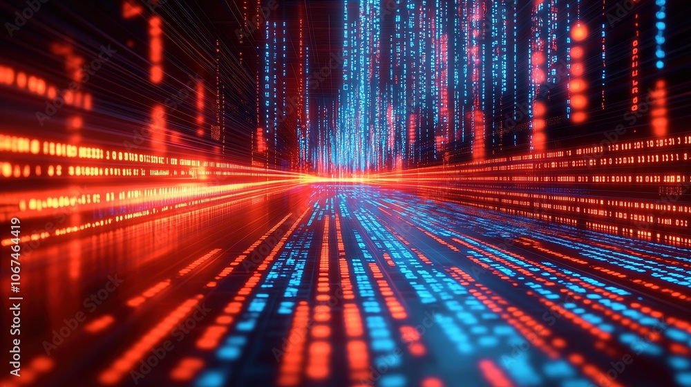 Poster computer generated image of a long, red and blue line of numbers. the image is abstract and has a fu