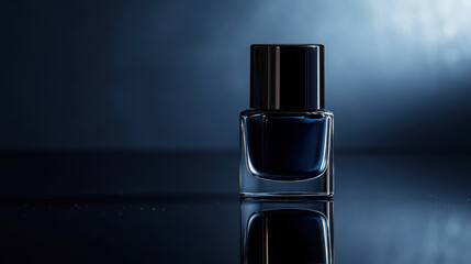 Elegant dark blue nail polish bottle on reflective surface for beauty products and advertising