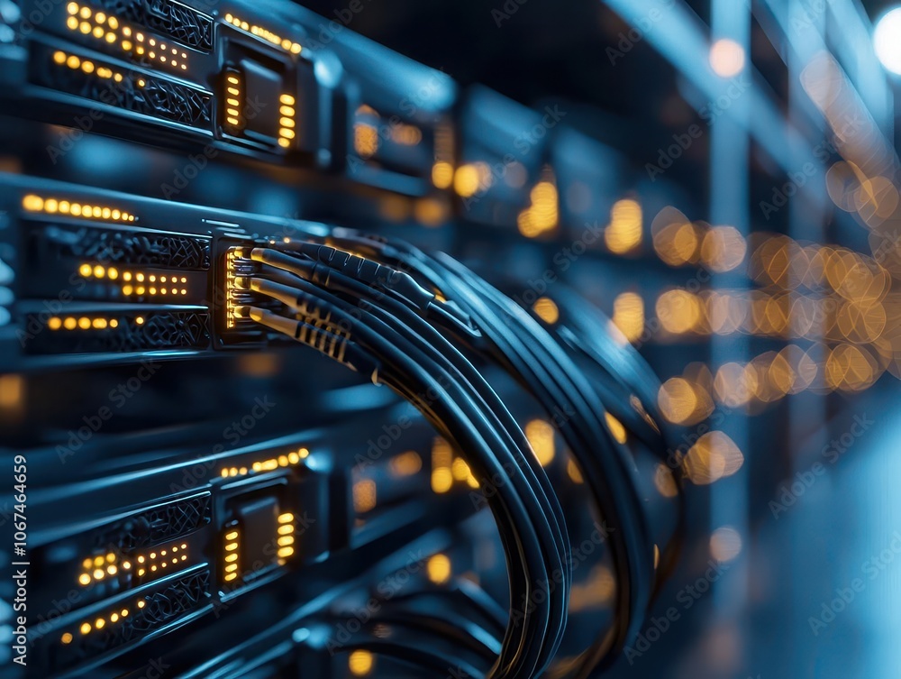 Poster a close-up view of server equipment with illuminated status lights and cables, showcasing a modern d