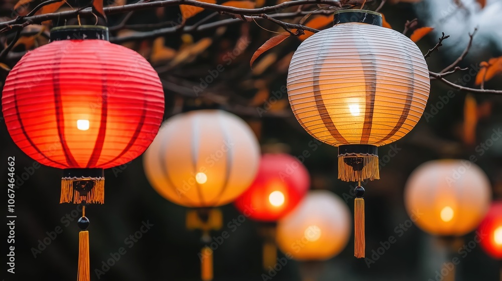 Poster group of lanterns hanging from a tree, some of which are red and some are white