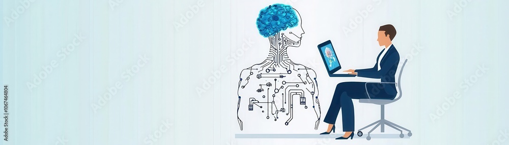 Poster a professional individual interacts with a laptop, while a stylized depiction of a brain symbolizes 