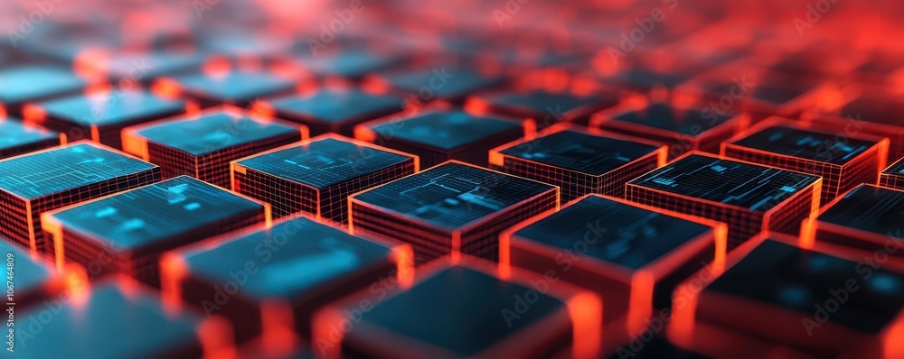 Poster a close-up view of a grid of illuminated computer keys, featuring a sleek design with a red and blac