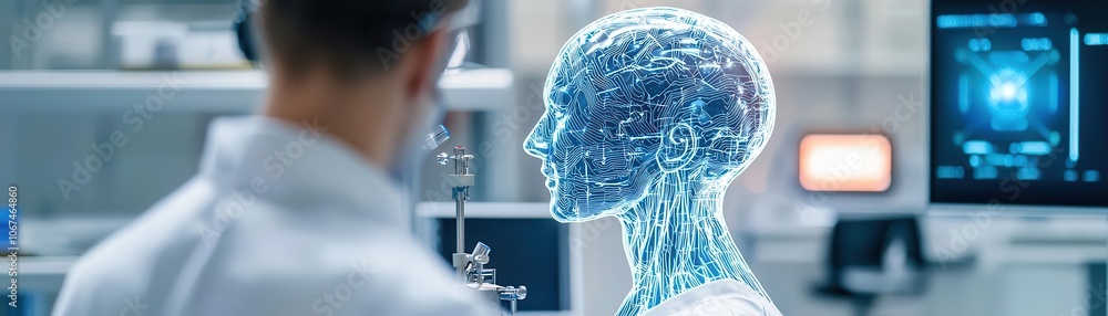 Poster a scientist observes a digital humanoid robot, showcasing advanced technology and artificial intelli