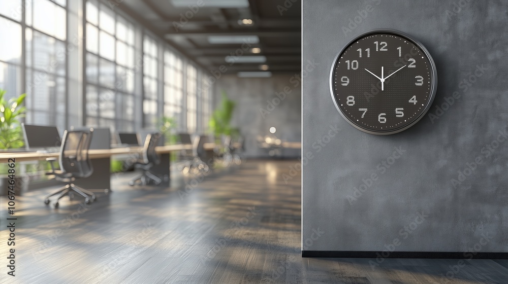 Poster large black clock hangs on a wall in a large room with a lot of windows. the room is empty and has a