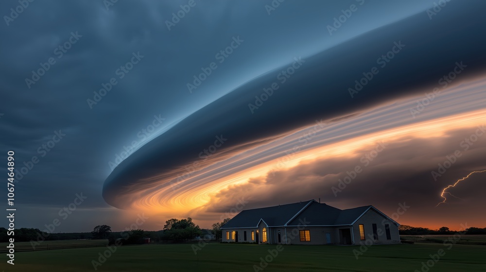 Poster house is in the foreground of a large cloud. the cloud is dark and ominous, and the house is small a