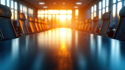 Large conference room with a long table and many chairs. The room is filled with people and the sun is shining through the windows