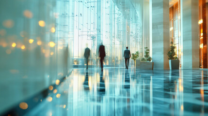 Busy corporate lobby with people moving dynamically and abstract lighting during working hours