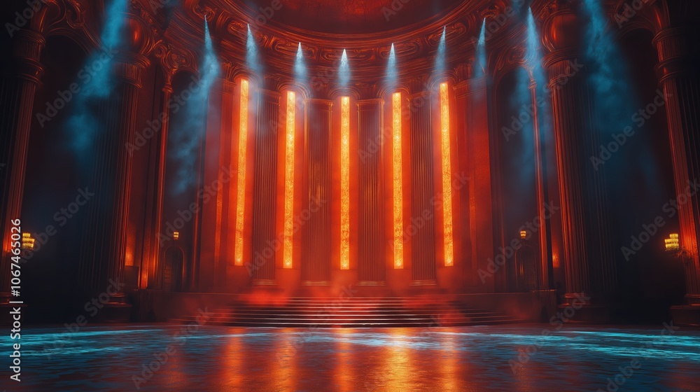 Poster the stage is empty and lit up with red and blue lights. the red lights are on the left side of the s