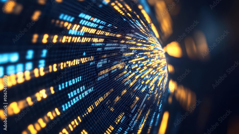 Poster a dynamic visual of glowing digital data streams, representing technology, speed, and information fl
