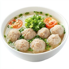 Popular Savory Indonesian Meatball Soup (Bakso) in a Classic White Bowl, Isolated on White