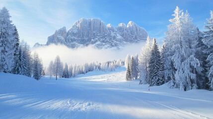Obraz premium Tranquil snowy mountain landscape with ski tracks at an isolated ski resort in winter