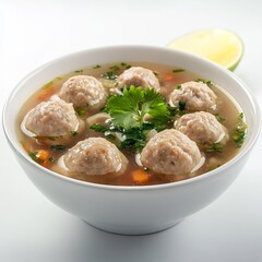 Popular Savory Indonesian Meatball Soup (Bakso) in a Classic White Bowl, Isolated on White