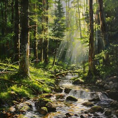 Green forest in sunlight with forest stream -"Sunlight Filtering Through a Green Forest with a Flowing Forest Stream."



