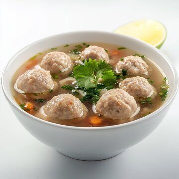 Popular Savory Indonesian Meatball Soup (Bakso) in a Classic White Bowl, Isolated on White