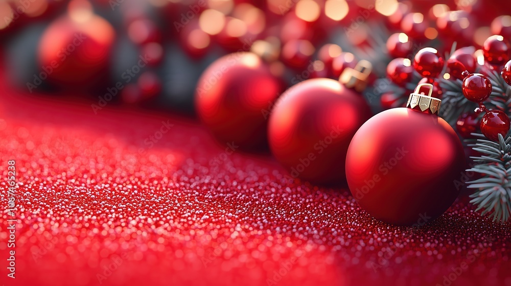 Poster red background with a bunch of red christmas ornaments. they are arranged in a way that they are sca
