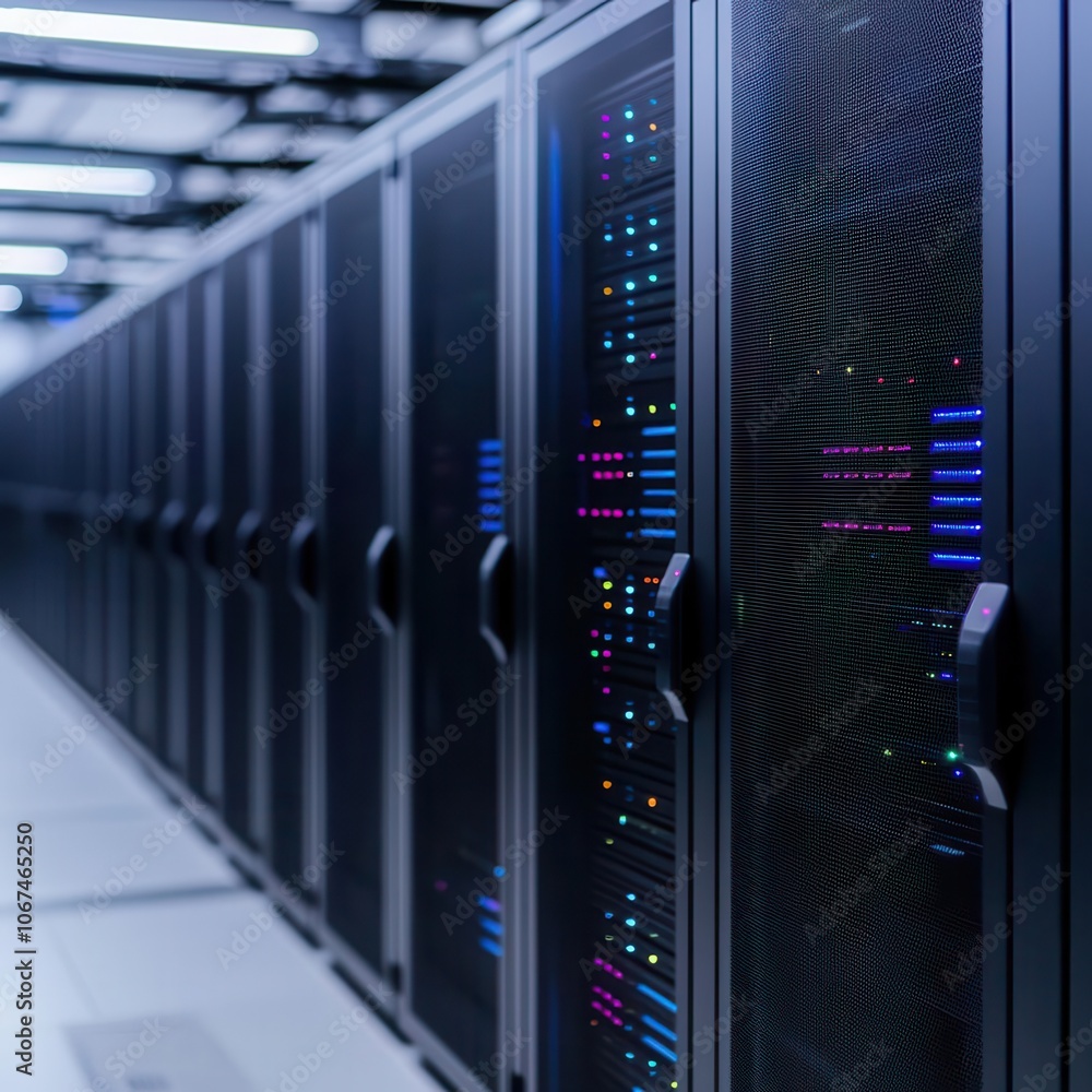 Aufkleber a high-tech server room filled with rows of sleek, dark servers displaying colorful led lights, show
