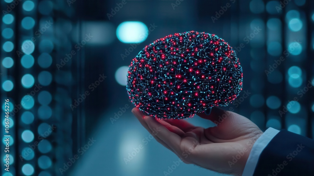 Poster a futuristic hand holds a textured, orb-like object resembling a brain, set against a backdrop of gl