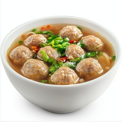 Popular Savory Indonesian Meatball Soup (Bakso) in a Classic White Bowl, Isolated on White