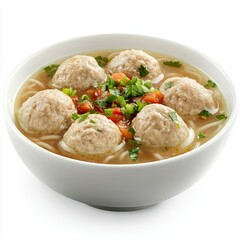 Popular Savory Indonesian Meatball Soup (Bakso) in a Classic White Bowl, Isolated on White