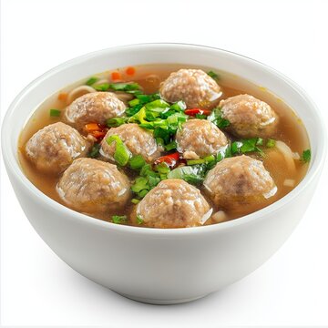 Popular Savory Indonesian Meatball Soup (Bakso) in a Classic White Bowl, Isolated on White