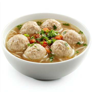 Popular Savory Indonesian Meatball Soup (Bakso) in a Classic White Bowl, Isolated on White