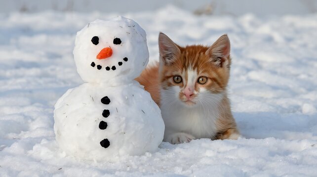 Cute Kitten and Snowman in Winter Wonderland