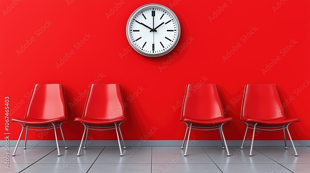 Poster Red wall with a clock on it and four red chairs in front of it. The chairs are empty and the clock is showing the time as 10:30