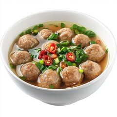 Popular Savory Indonesian Meatball Soup (Bakso) in a Classic White Bowl, Isolated on White