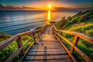 Fototapeta premium Low light paints the wooden steps leading down to the ocean, a serene scene of sunset beauty.