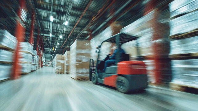 Fast-moving forklift in a busy warehouse environment with dynamic motion blur