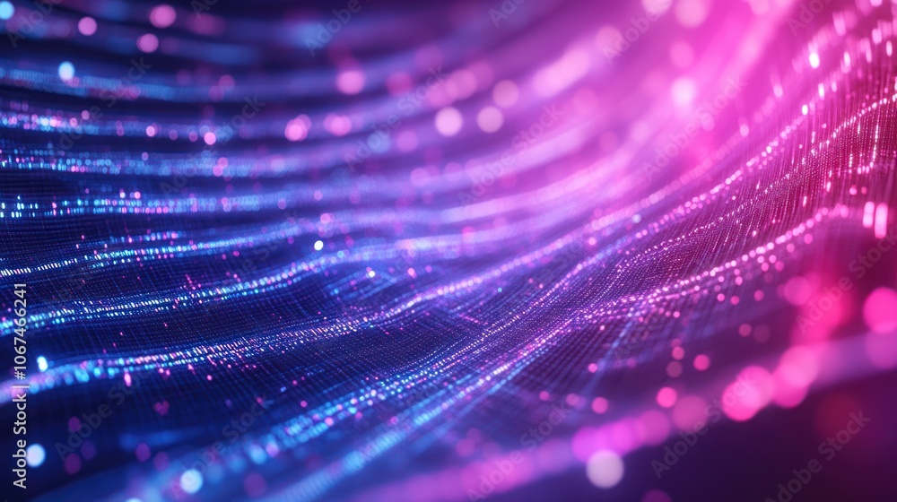 Poster abstract background with glowing pink and blue lines and particles.