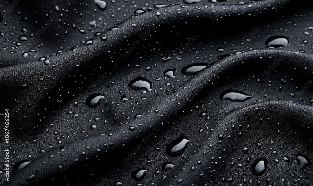 Poster elegant black fabric with water droplets, creating a smooth texture and soft reflections.