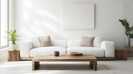 Minimalist Living Room with White Sofa and Wooden Coffee Table