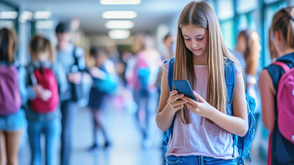 Students engaged with smartphones in a busy school corridor during class change