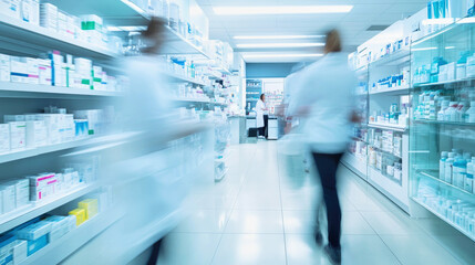 Blurred scene of researchers collaborating in a modern pharmacy lab