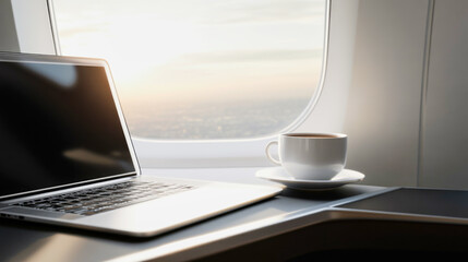 Fototapeta premium A coffee cup and laptop on a tray table in an airplane cabin during a scenic flight