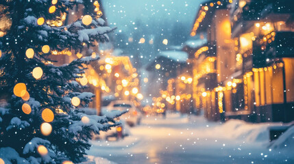 Obraz premium Twinkling lights create a magical winter atmosphere in a ski resort village at night