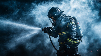 Naklejka premium Brave Firefighter in Full Protective Gear Extinguishing Fire Amidst Dense Smoke and Flames