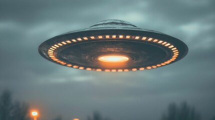 Unidentified flying object hovering in a cloudy sky during twilight near urban lights