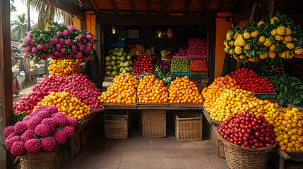 Colorful stalls at a local farmers market, with fresh fruits, vegetables, and flowers creating a vibrant and lively atmosphere
