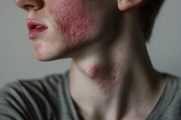 Young person showing skin condition on their face and neck in indoor soft lighting