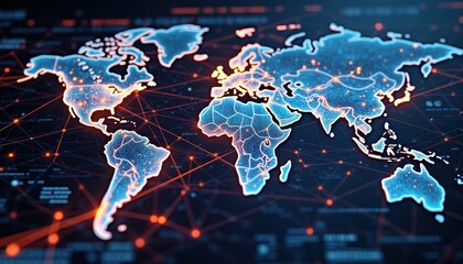 Futuristic digital world map with neon network connections